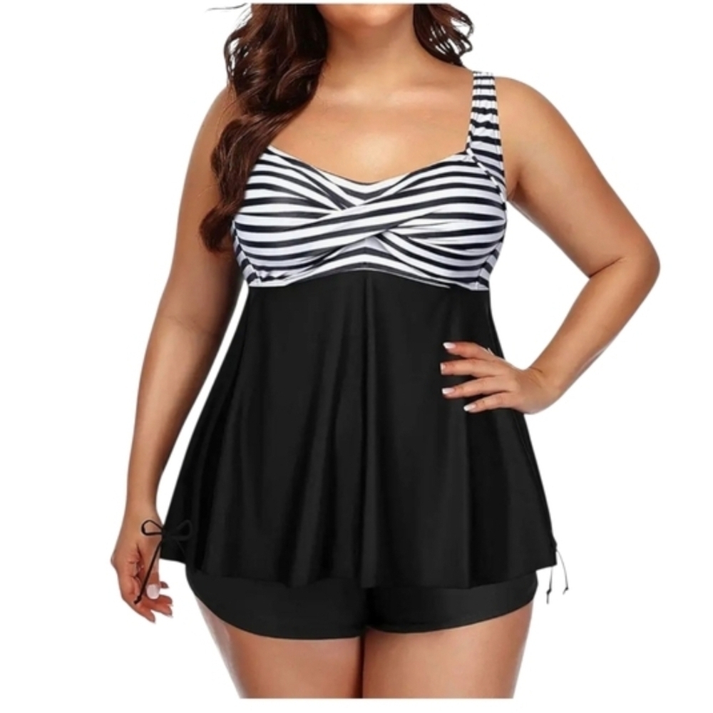 AQUA EVE - 20W Striped Black and White Tankini Swimsuit